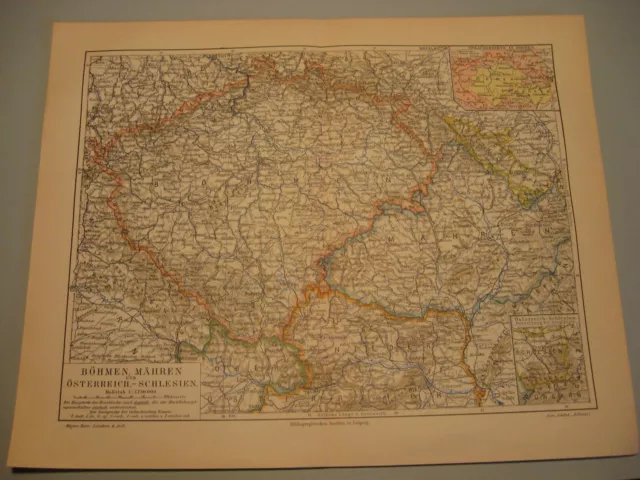Böhmen,Mähren Karte von 1907 mit Österreich.Schlesien ein altes Original