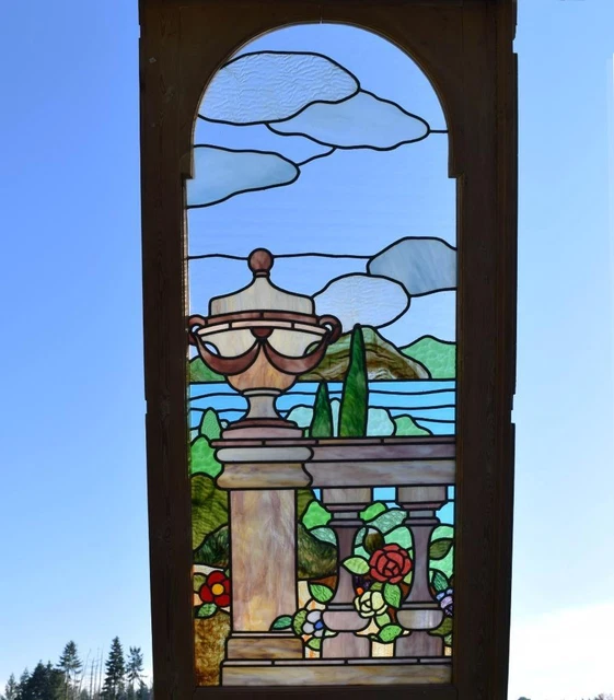 *Beautiful Pair of Pine Antique French Stained/Leaded Glass Doors with Peacock 6