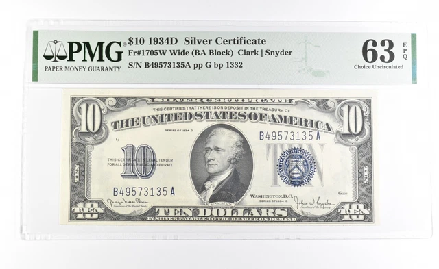 PMG 63 Choice Unc EPQ 1934 D $10 Silver Certificate Blue Seal Fr#1705W *1003