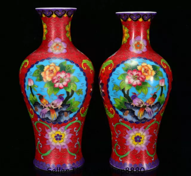 10.8" Chenghua Marked Old colour enamels Porcelain Flower Birds Bottle Vase Pair