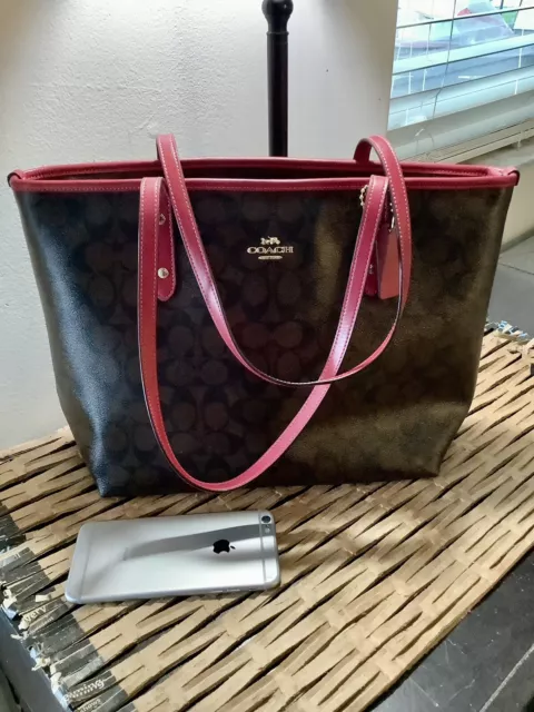 COACH F58292 Brown City Zip Tote Purse In Signature Coated Canvas