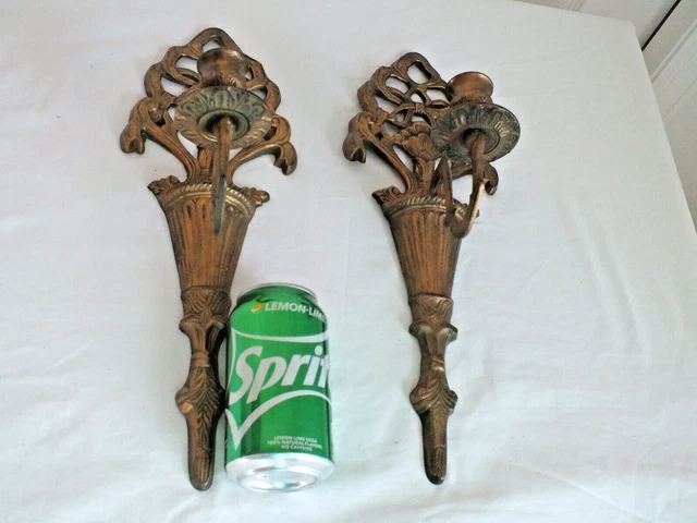 Pair Ornate fancy cast BRASS wall CANDLE STICKS India 15.5"x5.5" proj 5.75" vtg