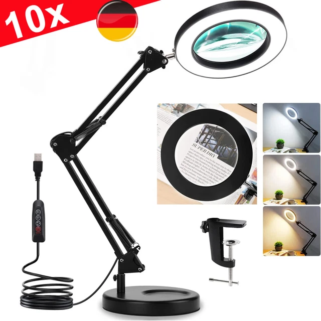 2 en 1 Ampliación Lámpara de Escritorio 10x Lupas Luz LED Lámpara con Abrazadera