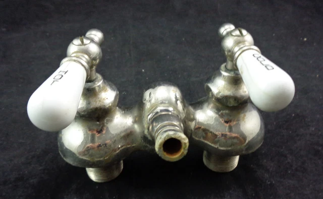 Vtg Art Deco Porcelain Faucet Handles Kitchen-Bathroom-Nickel Over Brass-W/Mount