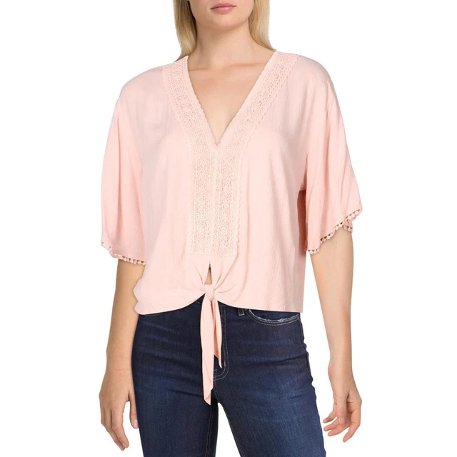 Gypsies and Moondust Womens Pink Front Tie V-Neck Top Shirt Juniors S  8558