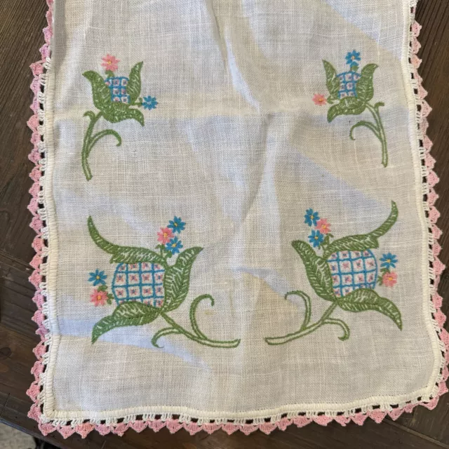 Vintage Hand Embroidered Linen Flora  Table Runner Dresser Scarf 37.5 x 12