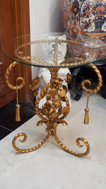 UNIQUE RARE Vintage Glass Top Accent METAL Table HAND APPLIED GOLD LEAF, ITALY!