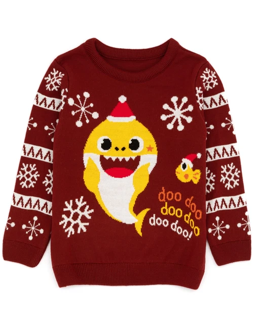 Baby Shark Christmas Jumper Kids Boys Girls Red Knitted Xmas Sweater