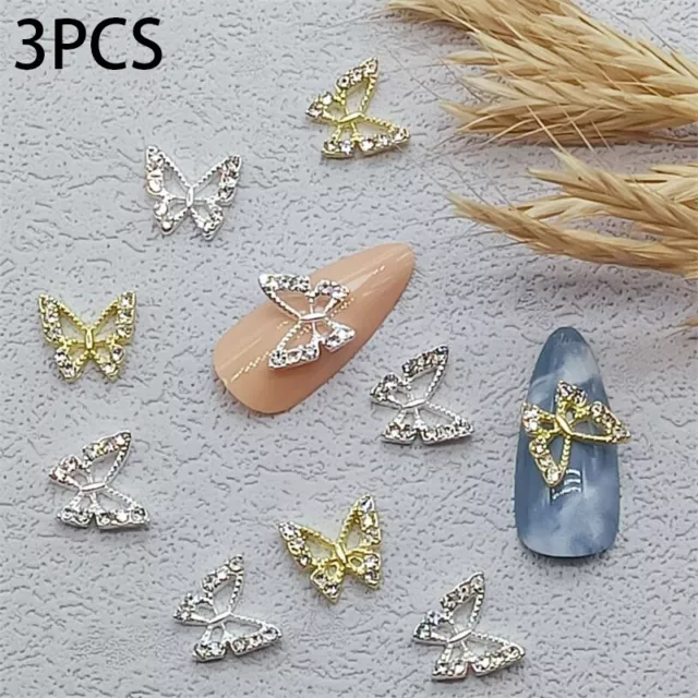 3PCS/Bag Hollowed Alloy Butterfly Nails Jewelry Rhinestones Nail Art Accessories