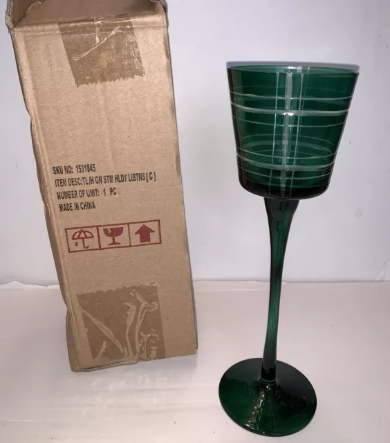 YANKEE CANDLE "Holiday Libations" Stem Tealight Candle Holder GREEN Etched Glass