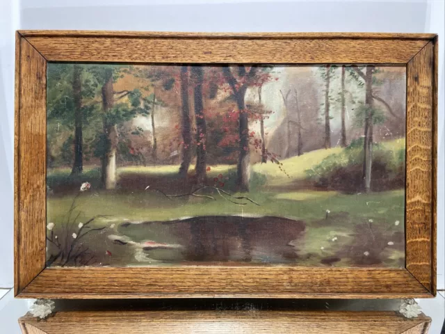 VTG. Impressionist Oil Painting Fall Scene Oak Art's & Crafts Picture frame