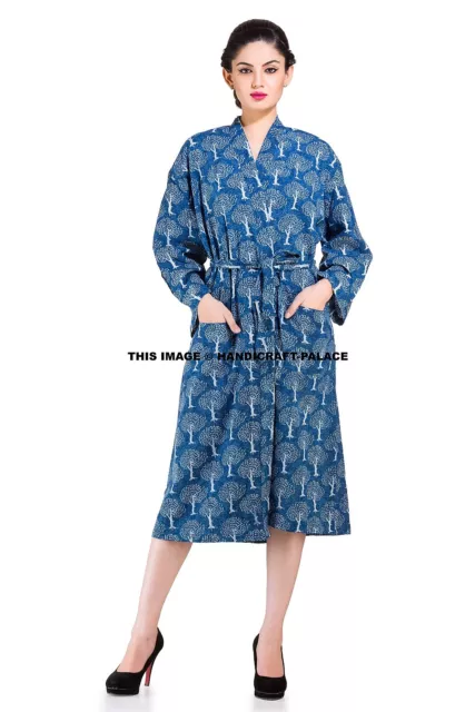 Indigo Blue Tree Block Print Indian Cotton Long Kimono Robe One Size Gown Maxi