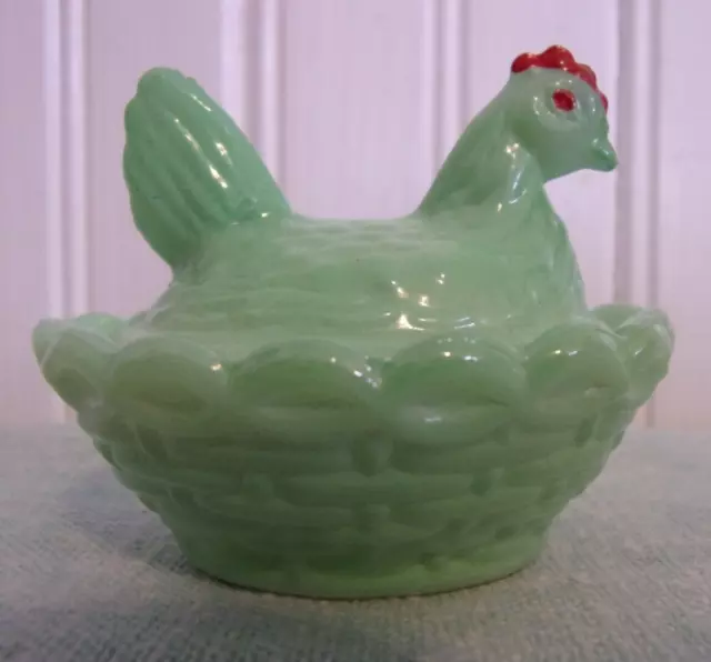 Westmoreland Mini Chicken Hen on Nest Salt Cellar Green Painted Milk Glass 2"