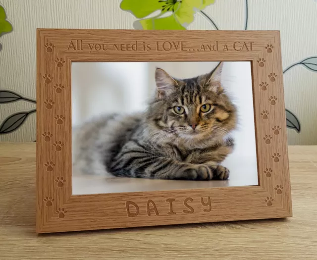 Love and Cat Pet Personalised Engraved Wooden Photo Frame Memorial Keepsake Gift