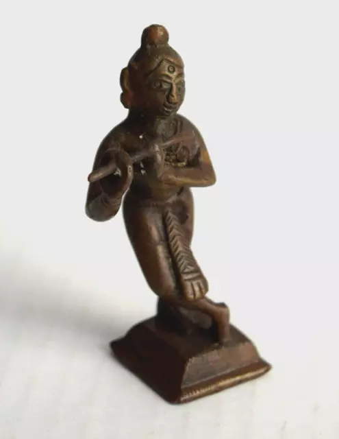 Brass Hindu Krishna Playing Flute Statue 4" India Vintage Small Crossed Leg