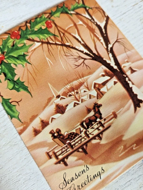 Vintage Horse & Carriage 1940's Christmas Used Greeting Card (EB4827)