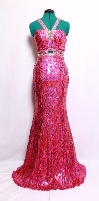 Precious Formals Fuchsia Pink Mirror Gems Sequins Prom Formal Gown Dress 0