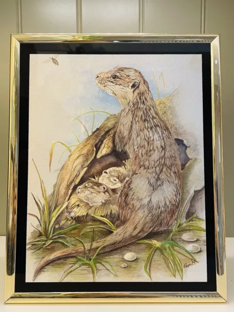 VTG 2x Reflective foil artwork Mama Otter and babies.optical Illusion Art Nature