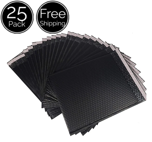 25 Pack 9 x 12 Inches Black Sturdy Poly Plastic Padded Bubble Mailer Envelopes