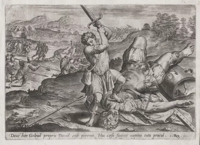 J. Collaert A. Francken David slaying Goliath Bible engraving Kupferstich 1580