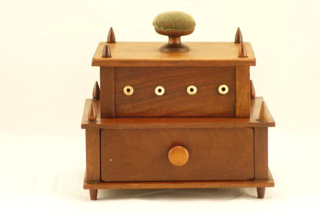 Antique 1800's Shaker Wood Sewing Box Spool Dispenser Box Cabinet Pincushion