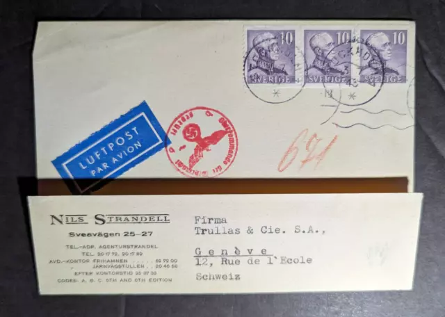 1943 Censored Registered Sweden Airmail Cover Stockholm to Geneva Switzerland