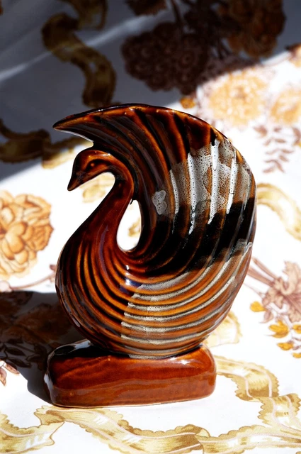 Retro Glazed Pottery Swan Planter Brown Art Deco Style