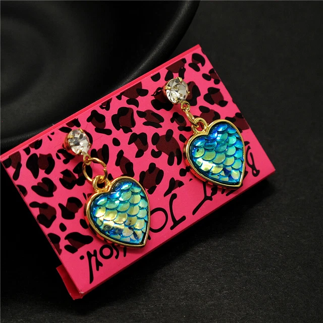 Betsey Johnson Lovely Blue Enamel Mermaid Scale Heart Crystal Stand Earrings