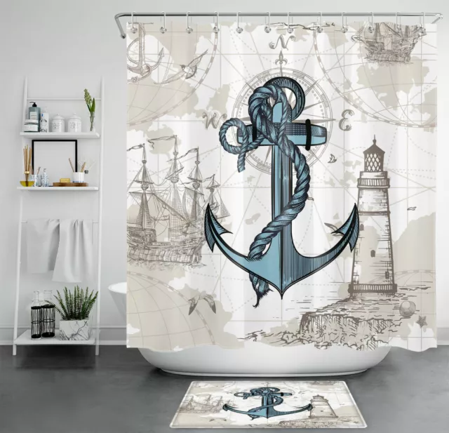 Nautical Anchor Shower Curtain Retro Sailing Lighthouse Bathroom Accessories Set