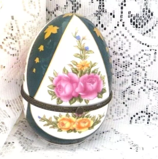 French Limoges Large Egg Trinket Box Lg Porcelain Dec A La Main Flowers