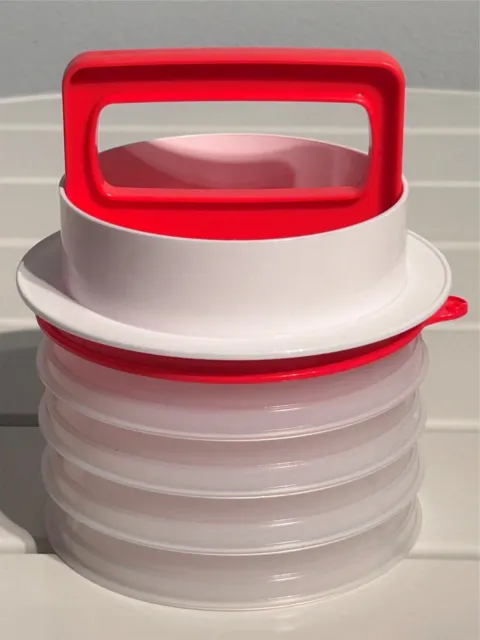 New Tupperware Large Hamburger Press & Freezer Set - Red with sheer keepers