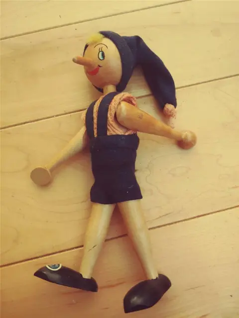Vtg Poland Wooden Peg And String Doll Pinnochio Moving Limbs Sticker On Neat!