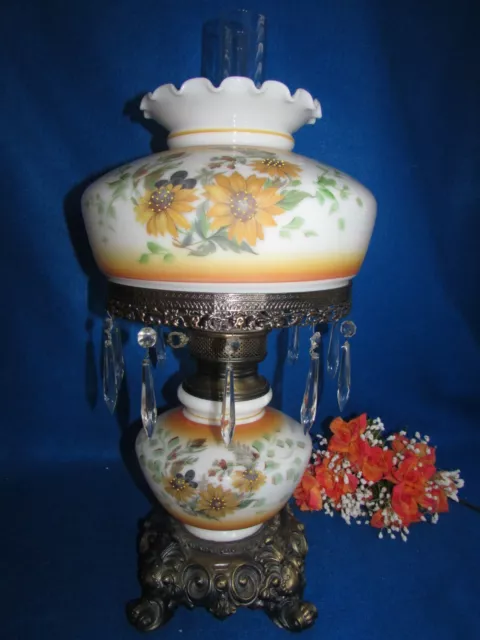 Vtg Gwtw Victorian Hurricane Parlor Table Lamp Hand Painted Flowers 28" W Prisms