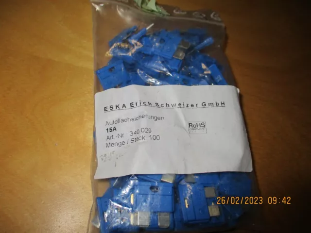 100x Eska Erich Autoflachsicherung 15A Fusible Flackstecksicherung Neuf