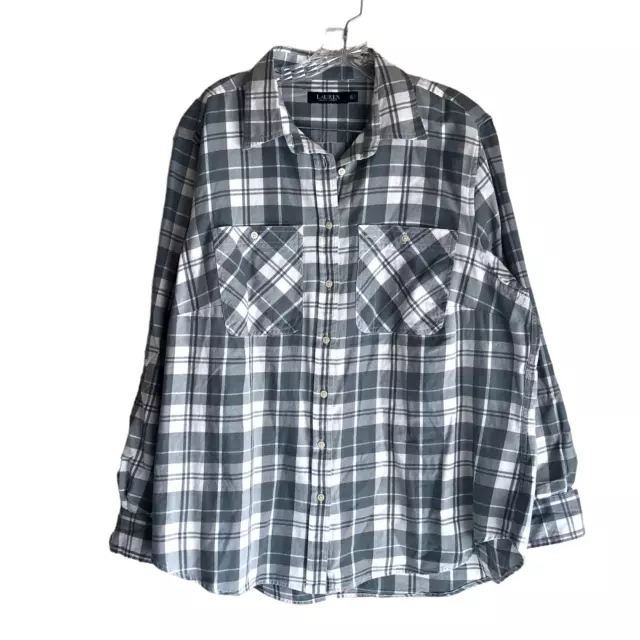 Lauren Ralph Lauren Womens Flannel Shirt Plus 2X Plaid Gray 100% Cotton Long Slv