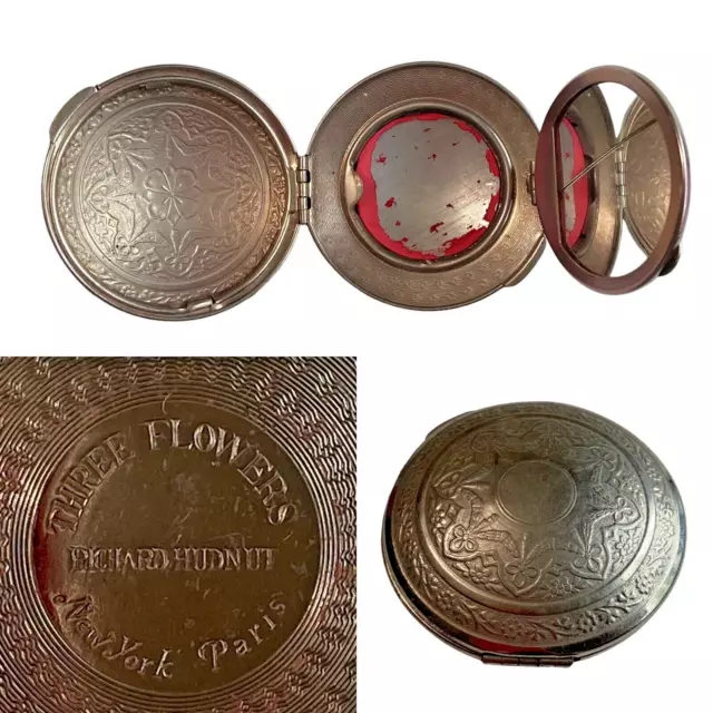 Vintage 1920s Richard Hudnut THREE FLOWERS New York Paris Tri-Fold Compact
