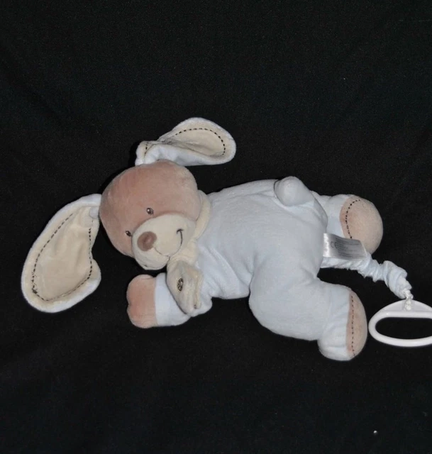 Peluche doudou lapin bleu beige musical NICOTOY SIMBA écharpe écru couché TTBE