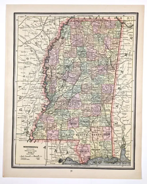 1889 Mississippi Map ORIGINAL Jackson Monticello Southaven Biloxi RAILROADS
