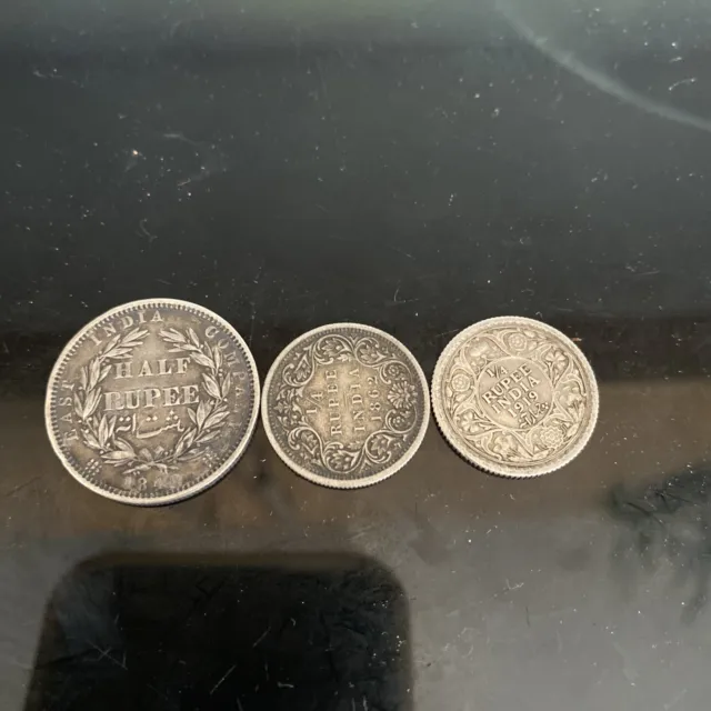 1840 East India Half Rupee Coin Plus 1862 & 1919 India 1/4 Silver Rupee Coins