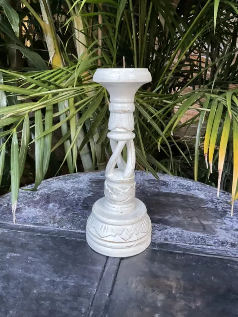 Candle Holders-Carved Balinese White Wash Timber- 40 Cm Tall