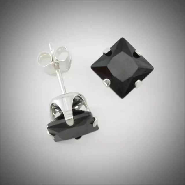 6mm Circonio Cuadrado Onyx Negro Pendientes En Sólido 925 Plata de Ley - Nuevo