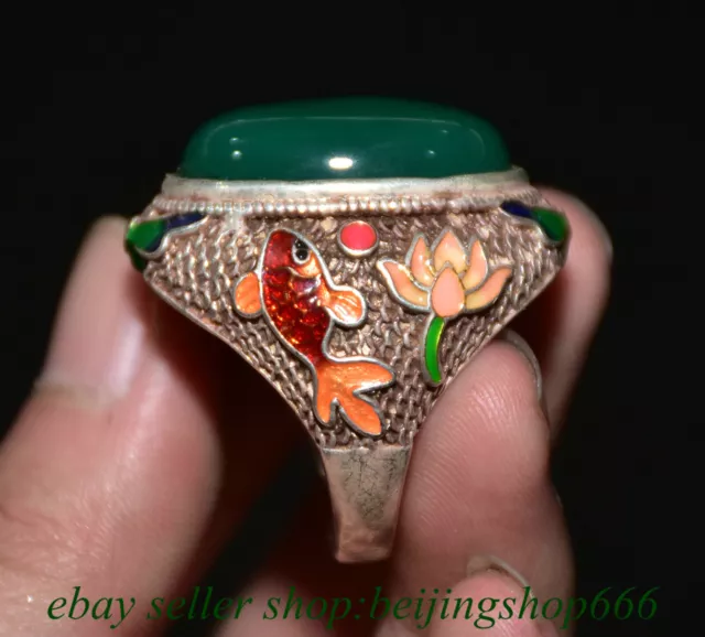 1.4" Chinese Enamel Silver Green Jade Gems Fish Jewelry Round Ring Statue A29