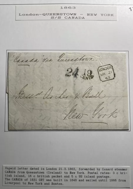 1863 London England Letter Sheet Cover To New York Usa SS Canada Unpaid