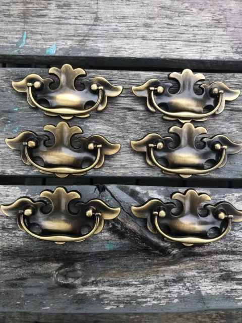 6 Vintage Bail Drawer Pulls Lot Brass Color 3” Chippendale Style New Wing Batman