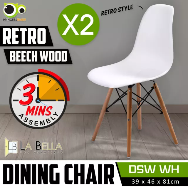 2X Retro Replica DSW Dining Chair Cafe Kitchen PP Beech White