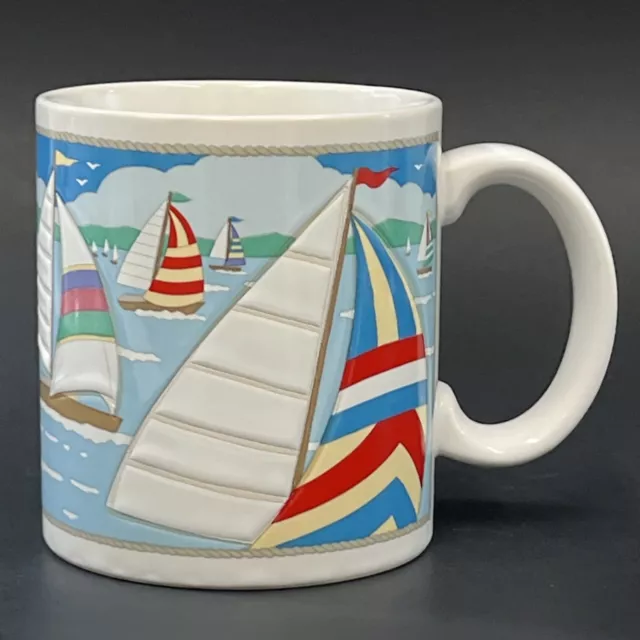 VTG Otagiri Embossed SAILBOATS Blue Red White Yellow Nautical Coffee Mug 3.75"