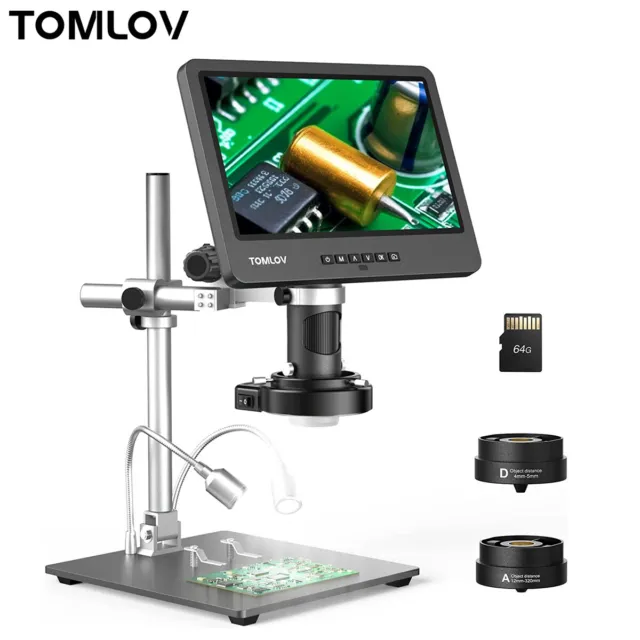 TOMLOV 10.1" HDMI Digital Microscope 2000X LCD Adults Coin Microscope 3 Lens 64G