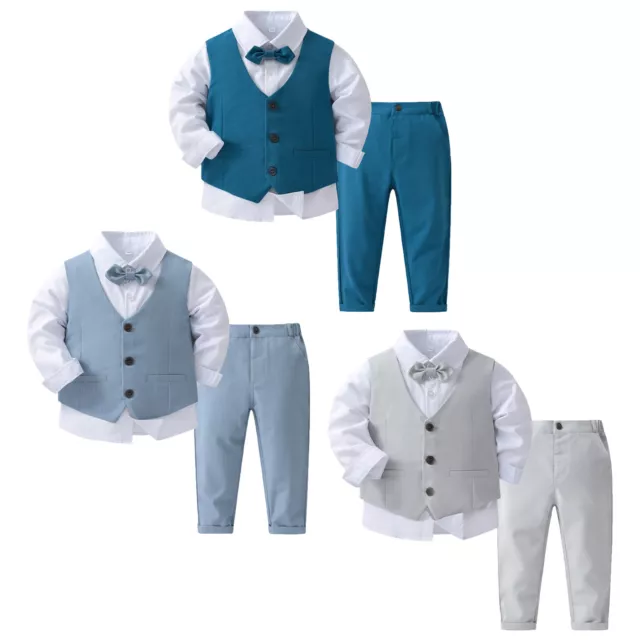 Baby Jungen Anzug Langarm Hemd + Weste + Hose + Fliege Smoking Outfit Taufanzug