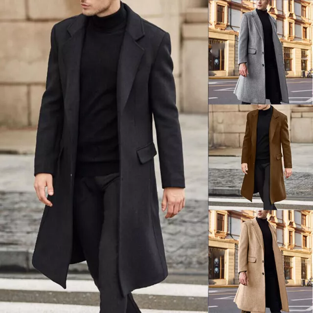 Men's Winter Trench Coat Long Jacket Lapel Neck Outwear Single Breasted Overcoat