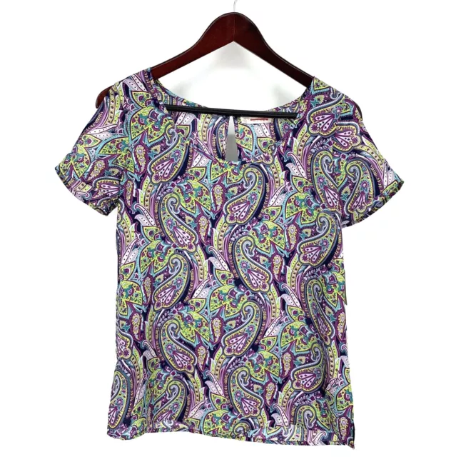 Nordstrom Hinge Cold Shoulder 100% Silk Top Shirt Purple Paisley XS NWT $78